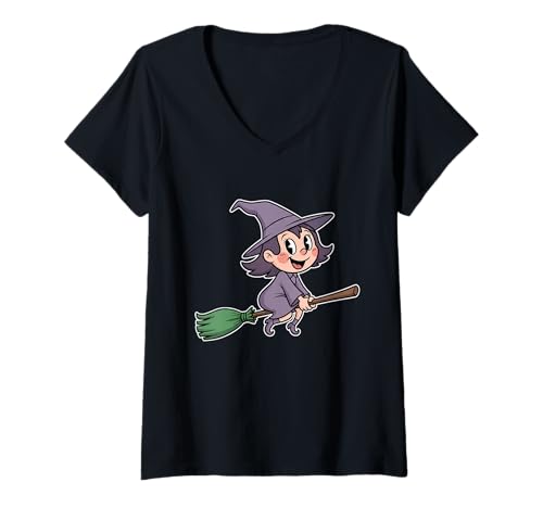 Damen Niedliche Hexe Fliegende Besen Halloween T-Shirt mit V-Ausschnitt Damen Niedliche Hexe Fliegende Besen Halloween T-Shirt mit V-Ausschnitt von witch broom cute spell halloween kid spooky