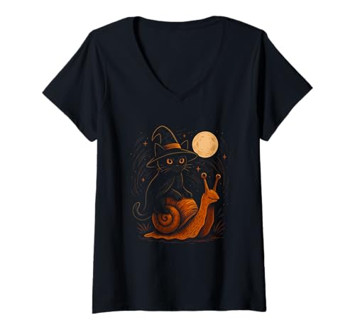 Damen Hexenkatze reitet Schnecke unter Mond T-Shirt mit V-Ausschnitt von witch cat snail moon stars halloween halloween