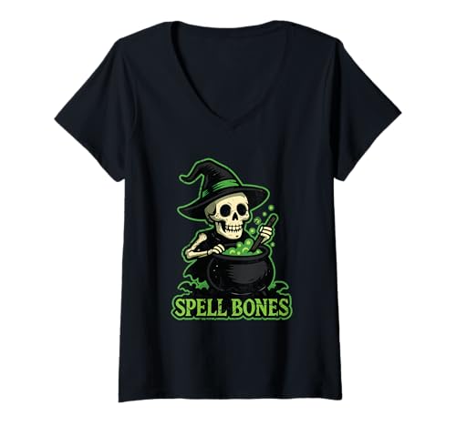 Damen Zauberknochen Hexenkessel T-Shirt mit V-Ausschnitt Damen Zauberknochen Hexenkessel T-Shirt mit V-Ausschnitt von witch cauldron magic skeleton spooky Halloween