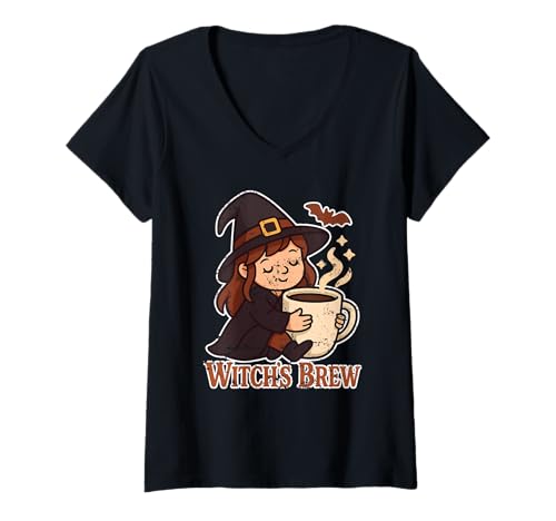 Damen Witchs Brew Gemütlicher Kaffee T-Shirt mit V-Ausschnitt Damen Witchs Brew Gemütlicher Kaffee T-Shirt mit V-Ausschnitt von witch coffee cozy mug bat Halloween jack o lantern