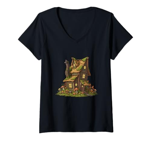 Damen Hexenhaus im Wald mit Pilzen T-Shirt mit V-Ausschnitt Damen Hexenhaus im Wald mit Pilzen T-Shirt mit V-Ausschnitt von witch house forest cottage mushrooms spooky