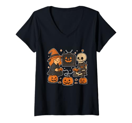 Damen Hexe und Roboter Skelett Gaming T-Shirt mit V-Ausschnitt Damen Hexe und Roboter Skelett Gaming T-Shirt mit V-Ausschnitt von witch robot skeleton gamer retro halloween pumpkin