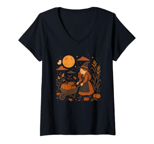Damen Hexe mit Schubkarre von Kürbissen T-Shirt mit V-Ausschnitt Damen Hexe mit Schubkarre von Kürbissen T-Shirt mit V-Ausschnitt von witch wheelbarrow pumpkins harvest halloween
