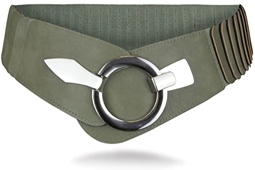 with love, Vanessa & Melissa Elastischer Damen Taillengürtel, ca. 6 cm breiter Hüftgürtel mit silberner Ring-Schließe, Stretchgürtel (75 cm (für Taillenweite 75-90 cm), Olive) von with love, Vanessa & Melissa