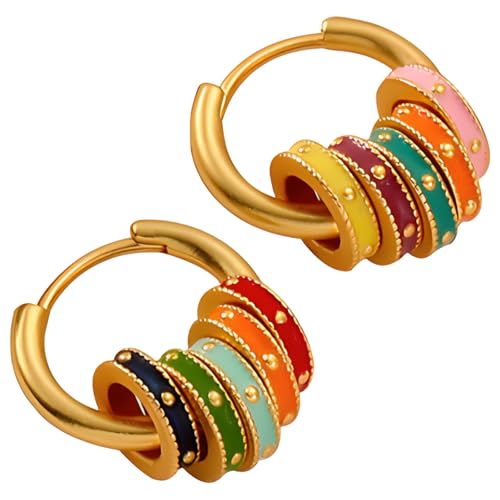 Regenbogen-Ohrringe aus mattem Emaille, baumelnde Ohrringe mit Perlen, mehrschichtige Huggie-Creolen für Frauen von wkao