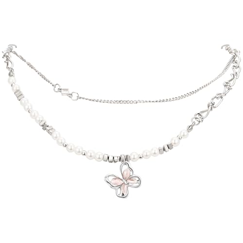 Schmetterlings-Halskette für Damen, doppellagiges silberfarbenes Perlen-Design, verstellbare Länge, Geschenkverpackung Schmetterlings-Halskette für Damen, doppellagiges silberfarbenes Perlen-Design, verstellbare Länge, Geschenkverpackung von wkao