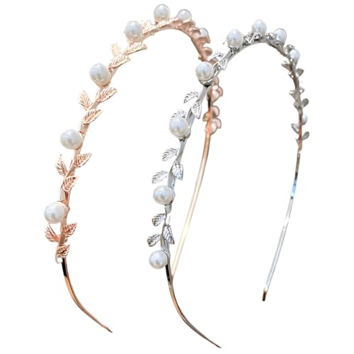 wkao Mädchen Hochzeit Stirnband Set - 2 Stück Perlen Blatt Haarschmuck Silber & Rose Gold Blumen Bänder Verstellbar für besondere Anlässe von wkao