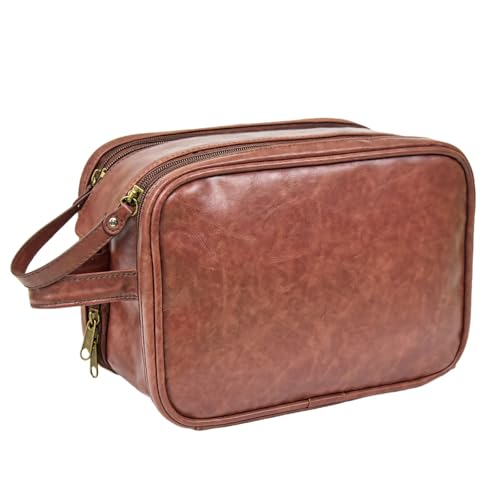 wkao Reise-Kulturbeutel für Herren, braunes PU-Leder, Doppelreißverschluss, Rasierset, Organizer, hängendes Design, große Kapazität von wkao