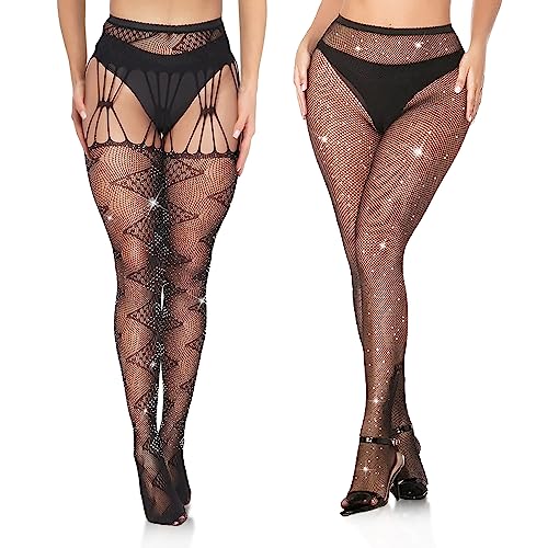 2 PCS Glitzer Strumpfhose Damen, Diamanten Netzstrümpfe Funkelnde Strumpfhosen Fishnet Stockings Hohe Taille Frauen Fischnetz Geöffneter Mesh Strumpfhose Netzstrumpfhose Schwarz High Waist (#5) von wlertcop