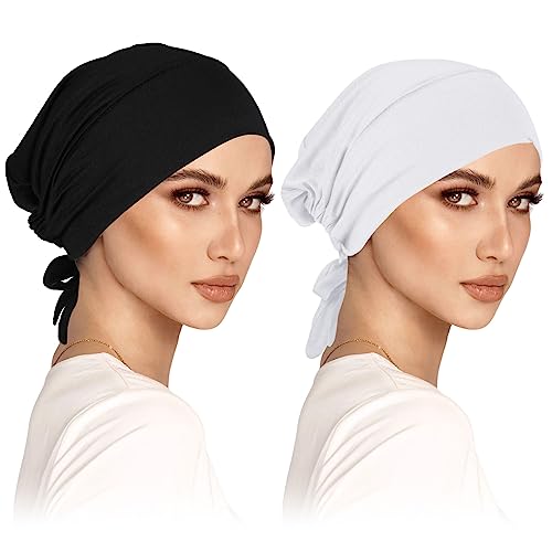 2er Pack Kopftuch Damen Hijab Undercap Hijab Cap Hijab Kopftuch Klassische Slouch Beanie Mütze Islamische Muslimische mit Tie Back Solid Color Hijab Mütze Kopfbedeckung Chemo Kopftuch Schlafmütze von wlertcop