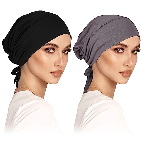 2er Pack Turban Damen Frauen Undercap Hijab Cap Unterschal Klassische Slouch Beanie Mütze Islamische Muslimische Mit Tie Back Solid Color Kopfbedeckung Chemo Kopftuch Schlafmütze von wlertcop
