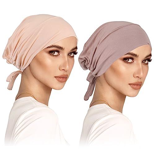 2er Pack Turban Damen Frauen Undercap Hijab Cap Unterschal Klassische Slouch Beanie Mütze Islamische Muslimische mit Tie Back Solid Color Hijab Mütze Kopfbedeckung chemo kopfbedeckung damen von wlertcop