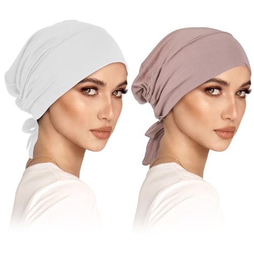 2er Turban Damen Frauen Undercap Hijab Cap Unterschal Mütze Islamische Muslimische mit Tie Back Solid Color Hijab Mütze Kopfbedeckung Kopftuch (Weiß, Helles Khaki) von wlertcop