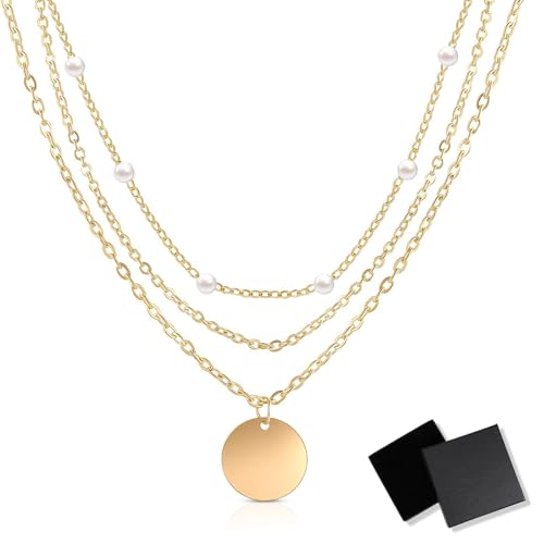 3 Stk Halskette Damen Gold Damen Goldkette Set Damen Layered Kette Goldkette Damen Geschichtet Anhänger Halskette Kette Geschichtet Stackable Halskette Scheibe Anhänger Halskette für Frauen Mädchen von wlertcop