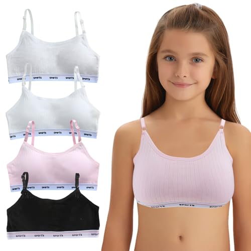 4er-Pack Mädchen Sport BHS - Teenager Mädchen Bh mit Fest Brustpolster, Bh Teenager Bustier Unterwäsche, Mädchen Bustier Mikrofaser BH aus Baumwolle Trainings Unterwäsche, Bralette Kinder Mädchen von wlertcop