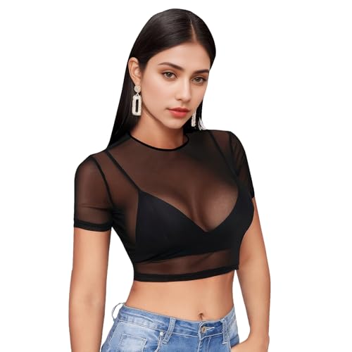 Damen Netz Oberteil Transparentes Shirt Sexy Damen Schwarz Langen Ärmeln Durchsichtiges Damen Langarm Shirt Leichtes Transparent Tüll Mesh T-Shirt Sheer Mesh Bluse Tunika Casual (Kurze Ärmel S) von wlertcop