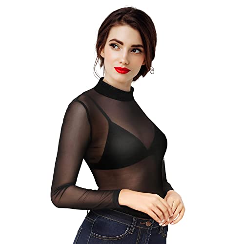 Damen Netz Oberteil Transparentes Shirt Mesh Oberteil Dame Sexy Damen Schwarz Langen Ärmeln Durchsichtiges Damen Langarm Shirt Leichtes Transparent Tüll Mesh T-Shirt Sheer Mesh Bluse Tunika Casual XL von wlertcop