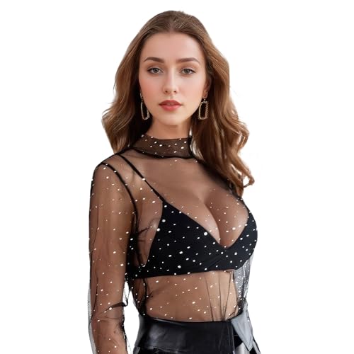 Mesh Oberteil Damen Netz Top mit Sterne Festival Outfit Techno Party Transparent Netzoberteil Sexy Rave Durchsichtig Langarm Bluse Damen Mesh Oberteil Damen Sexy Netz Langarm Shirt für Club Party von wlertcop