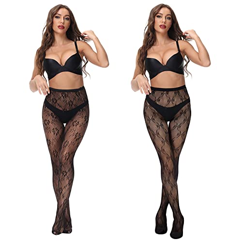 Wlertcop 2 Paar Netzstrumpfhose Schwarz für Damen - Fishnet Stockings, Zwei Modelle, Muster, Einheitsgröße von wlertcop