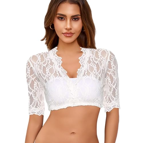 wlertcop Dirndl Bluse Damen, Dirndlbluse Spitze, Dirndlbluse weiß, V-Ausschnitt dirndlblusen für Damen, Oktoberfest Kostüm Weiß Spitze Hollow Out Tracht dirndlblusen(M) von wlertcop