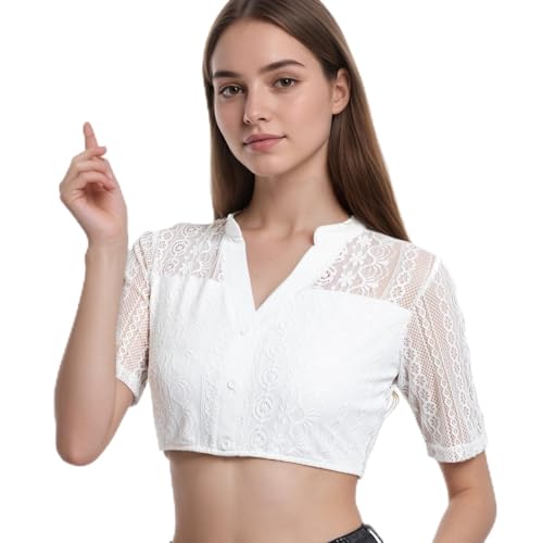 wlertcop Dirndl Bluse Damen Spitze Dirndlbluse schwarz,Trachtenbluse V-Ausschnitt Dirndlblusen Elegante Halbarm Oktoberfest Spitzenbluse mit Knopf (m) von wlertcop