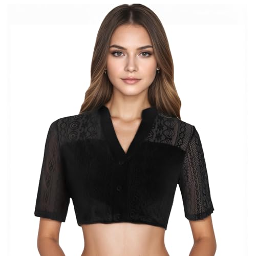 wlertcop Dirndl Bluse Damen Spitze Dirndlbluse schwarz,Trachtenbluse V-Ausschnitt Dirndlblusen Elegante Halbarm Oktoberfest Spitzenbluse mit Knopf (XL) von wlertcop