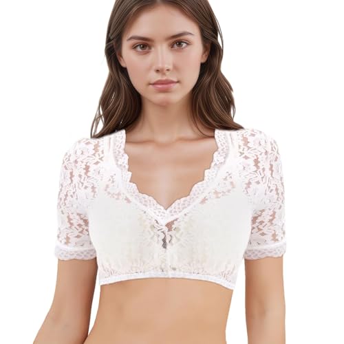 wlertcop Dirndl Bluse Damen, Weiß Dirndlbluse Spitze V Ausschnitt Kurzarm, Trachtenbluse Damen, Dirndlbluse weiß für Oktoberfest & Karneval(L) von wlertcop