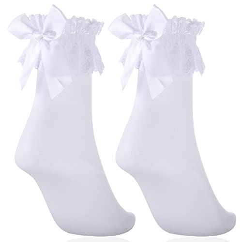 wlertcop Rüschen Söckchen Spitze mit Böge für Damen Blickdicht Rüschen Socken Spitzenbesatz Prinzessin Socken für Frauen Mädchen Weiß von wlertcop
