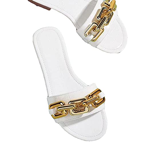 Damenschuhe Sandalen Design Gold Kette Damen Slipper Offene Zehe Slip On Schuhe Flache Casual Slides Strand Hausschuhe Sandalen-Weiß_4_Us von VBNHGF