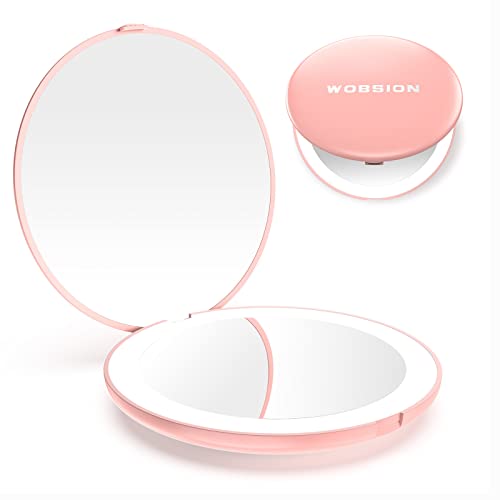 Wobsion Mini LED Taschenspiegel Klein,1×/10×Vergrößerung,Handspiegel Klein,Reisespiegel,3.5 Zoll Kosmetikspiegel mit Licht,Taschenspiegel Klappbar,Kompakt,Zweiseitiger,Kleine Geschenk für sie,Pink von wobsion