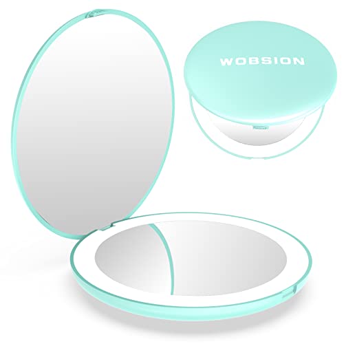 wobsion Mini LED Taschenspiegel Klein Kosmetikspiegel,handspiegel mit licht,Reise kosmetikspiegel,3.5 Zoll Make Up Spiegel,Kompakt Klappbar,Zweiseitiger,kleine, Cyan von wobsion