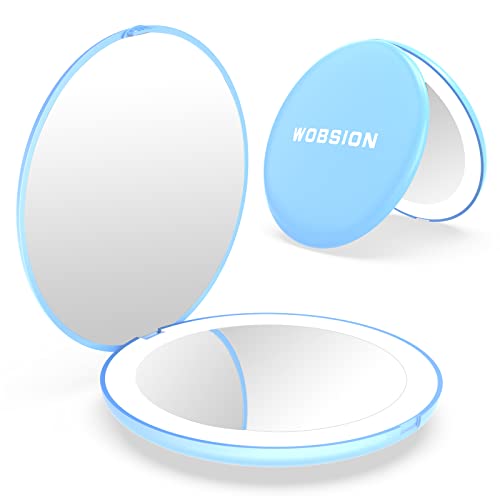 wobsion Mini LED Taschenspiegel Klein Kosmetikspiegel,Handspiegel mit Licht,Reise Kosmetikspiegel,3.5 Zoll Make Up Spiegel,Kompakt Klappbar,Zweiseitiger,Kleine, Blau von wobsion