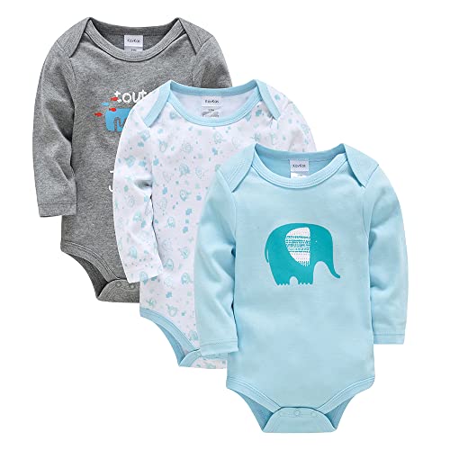 Wocharm Langarm-Baby-Body für Kleinkinder, einfarbig, für Jungen und Mädchen, 3 Stück, Blauer Elefant, 18-24 Monate von wocharm
