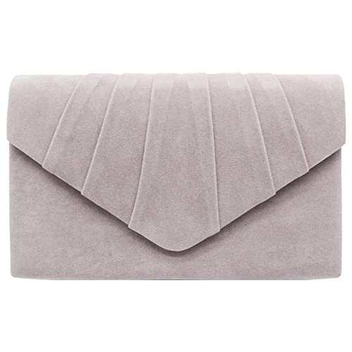 Wocharm Damen Clutch aus Veloursleder, plissiert, für Hochzeit, Abend, Abschlussball, Party, hellgrau von wocharm