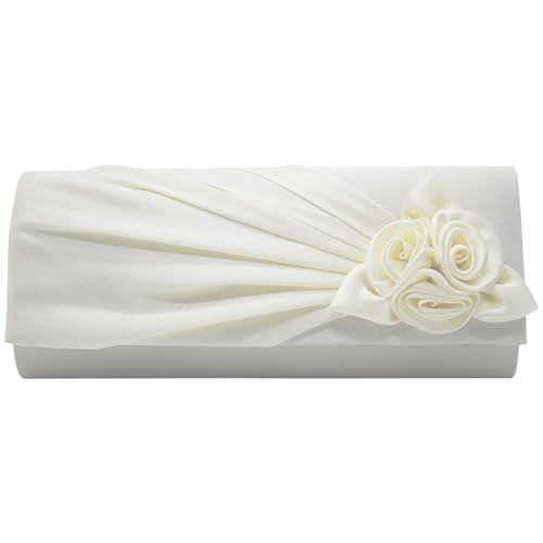wocharm Damen Satin Clutch mit Rose Abend Hochzeit Party Abschlussball Braut Handtasche Damen Schultertasche, elfenbeinfarben, 25cm*6cm*11cm von wocharm