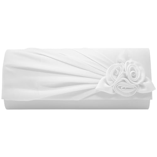 wocharm Damen Satin Clutch mit Rose Abend Hochzeit Party Abschlussball Braut Handtasche Damen Schultertasche, weiß, 25.5cm*6.5cm*14cm von wocharm
