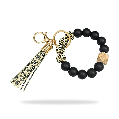 wocoxo Schlüsselanhänger Elastisches Armband für Damen, Silikon Perlen Auto Schlüsselbund Armreif für Frauen (Brauner Leopard und Schwarz) von wocoxo