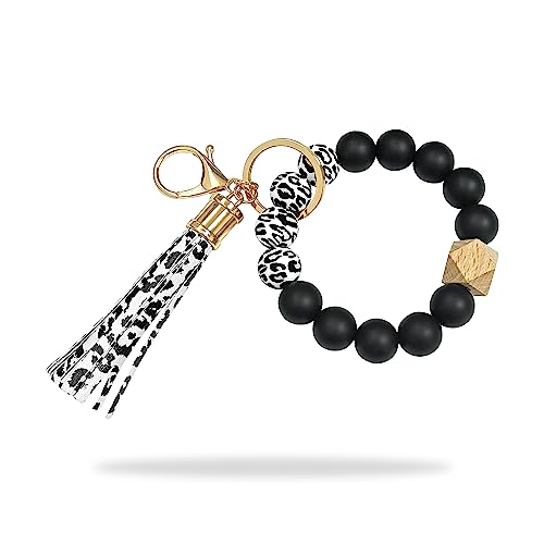 wocoxo Schlüsselanhänger Elastisches Armband für Damen, Silikon Perlen Auto Schlüsselbund Armreif für Frauen (Weiß Leopard und Schwarz) von wocoxo