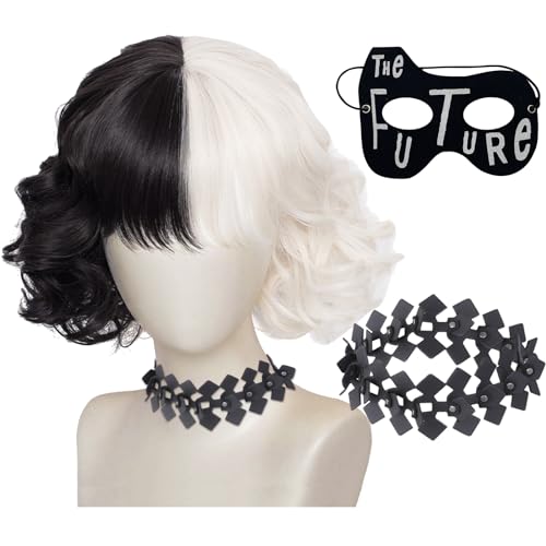 wohn&lebe Halb Schwarz, Halb Weiß Perücke, Kurz Gewellt, Schwarz Weiß, Cosplay Party Wig für Karneval und Party Fancy Dress, Cosplay von wohn&lebe
