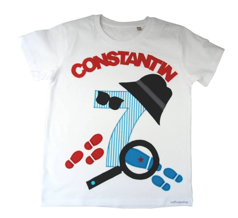 Geburtstag Shirt-Detektiv - Agent Personalisiert Mit Namen Junge Kindergeburtstag Party Schatzsuche Detektivparty Agenten Lupe Fußspuren von wohnzwerg
