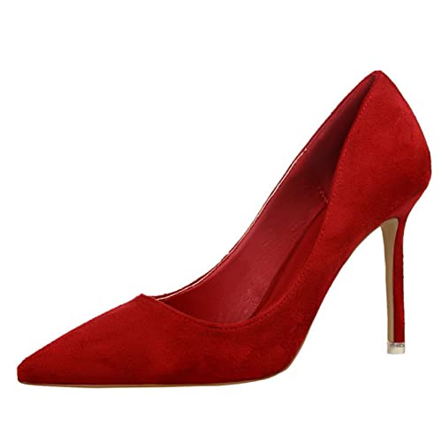 9 cm Damen Spitze Schuhe Damen Slip on Low Heel Party Pumps Für Büroarbeit Party Hochzeit Sanlässe,Rot,40 EU von woileRQ