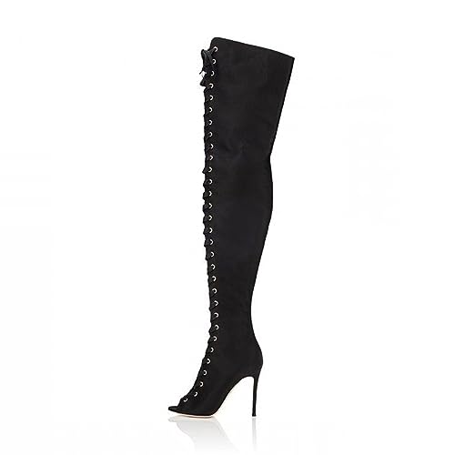 woileRQ 10,5 Cm Offene Zehenstiefel Für Damen, Winter-Overknee-Stiefel, Hoher Absatz, Modischer Stiletto-Reißverschluss, Lange Stiefel, Partykleid-Schuhe,Schwarz,36 EU von woileRQ