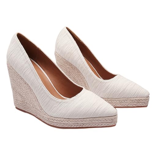 woileRQ 10 cm Damen-Keilabsatz Mit Blockabsatz, Plateau, Spitze Zehen, Hoher Absatz, Modische Schuhe in Übergröße Für Frühling Und Herbst,Weiß,40 EU, 65759543-WHITE-8.5 von woileRQ