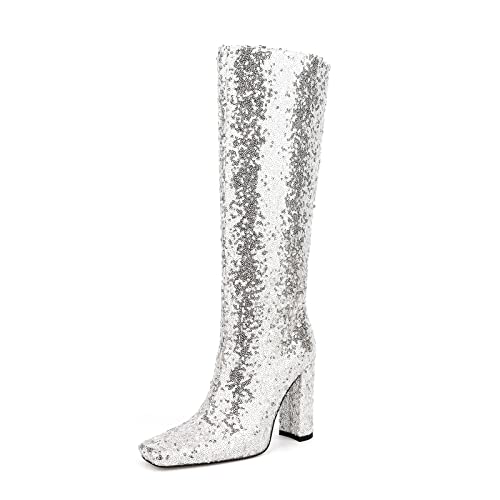 woileRQ 11 cm Silber Große Größe Pailletten Boots Winter Brandneue Mode Bling Knie High Stiefel Nachtclub Party Schuhe Heels,Silber,40 EU von woileRQ