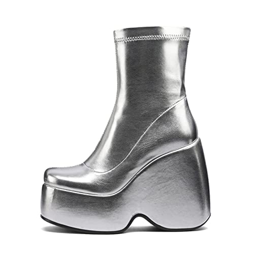 woileRQ 13,5 cm Damen-Keil-Plateau-Stiefel, Modische Stiefel Für Damen,Silber,37 EU von woileRQ