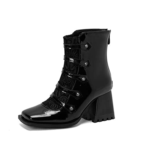 woileRQ 7 cm Dicker Absatz Und Eckiger Zehenriemen Kombination Hinterer Reißverschluss Stiefel Plus Größe Neue Kurze Stiefel,Schwarz,37 EU von woileRQ