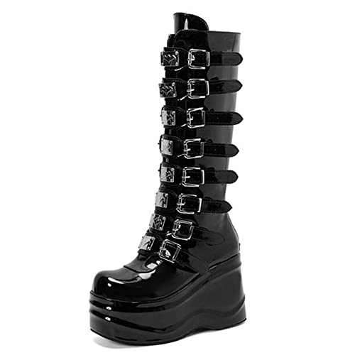 woileRQ Damen-Herbst-Plateau-Motorradstiefel, Punk-Gothic-Kniehohe Stiefel, modische Lackleder-Stiefel mit mittlerer Wade, sexy Dress-Party-Stiefel,Black Gloss,39 von woileRQ