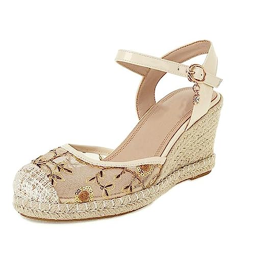 woileRQ Damen-Sandalen Mit Knöchelriemen Und Einem Riemen, 8 cm, Keil-Plateau-Schuh, Hohe Sommerschuhe, Plateau-Keile, Party-Sandalen,Beige,37 EU von woileRQ