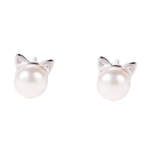 wojonifuiliy Damen Ohrringe Silber-925 Stecker - Süße Katze Perle Silberne Nadel Ohrstecker, Frauen Perlen Earrings Modeschmuck, Pearls-earrings für Hochzeitsfeiern oder Bankette (A) von wojonifuiliy