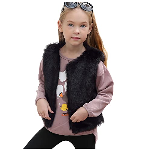 wojonifuiliy Kunstpelz Fellweste Kinder Mädchen, Kleinkind Baby Kinderfellweste Ärmellose-Pelzmantel Zotte Fleece Outwear, Herbst Winter Warmer Kunst-Pelzweste Kinder Gilet Vest (Black, 120) von wojonifuiliy